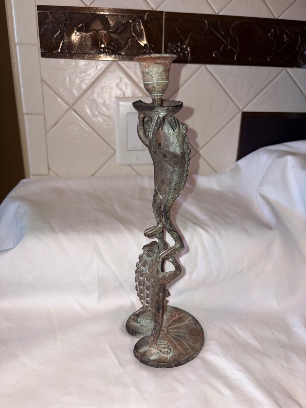 Vintage Brass Frogs on lily pad candle holder